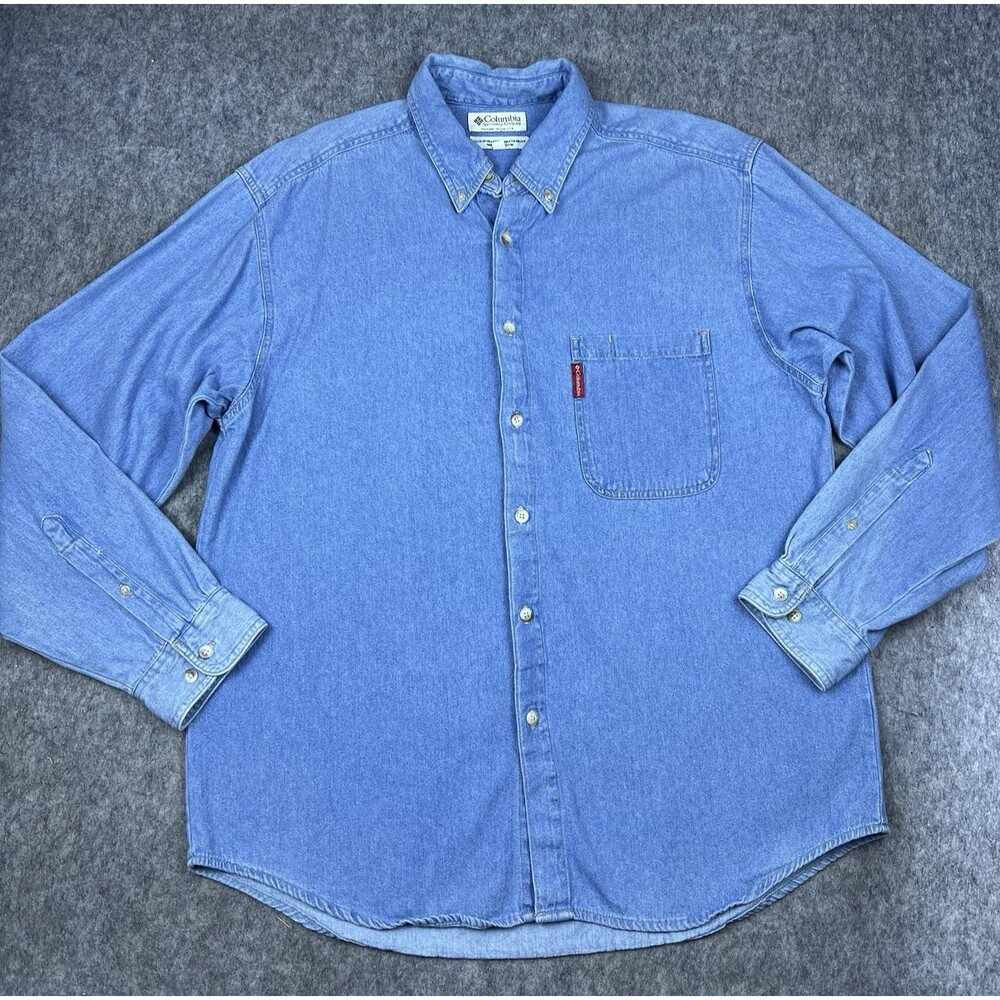 Columbia Men's Button Down Shirt Chambray Blue Cotton Long Sleeve Size Large